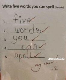 a sheet of paper that says " write five words you can spell " on it