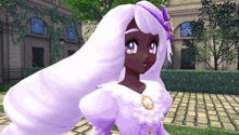 a cartoon character with purple hair and a purple flower in her hair
