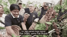 a group of men are standing around a tree holding baskets of coffee beans and looking at a cell phone .