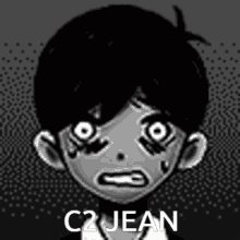 a black and white drawing of a boy with big eyes and the words `` c2 jean '' on the bottom .