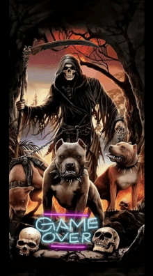 grim reaper holding a scythe and two dogs with a neon sign that says game over in the background