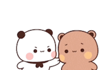 two teddy bears are standing next to each other and hugging each other .