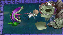 a cartoon of a scientist fighting a plant with a purple mouth