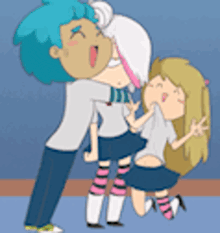 a cartoon of a boy holding two girls in his arms