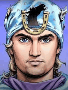 a man wearing a blue hat with a horseshoe on it