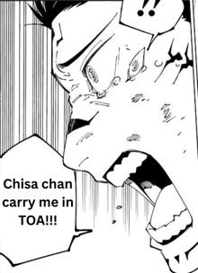 a black and white drawing of a man with his mouth open and the words `` chisa chan carry me in toa !! ''