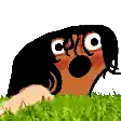 a cartoon character is sitting in the grass with his mouth open .