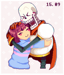 a pixel art drawing of a skeleton hugging a girl