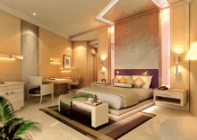 an artist 's impression of a hotel room with a king size bed