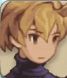 a pixel art drawing of a young boy with blonde hair and a purple turtleneck .