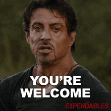 a poster for the expendables shows sylvester stallone and says you 're welcome