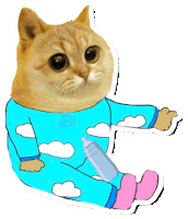 a sticker of a cat holding a bottle and pointing