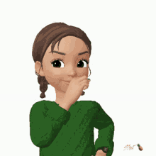 a cartoon girl wearing a green sweater and a watch is making a call me gesture