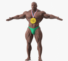 a bodybuilder wearing a gold medal that says olympia