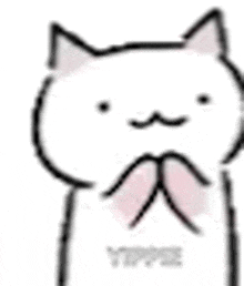 a cartoon cat with a mustache is holding its paws up .