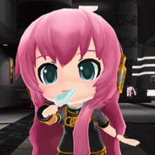 a cartoon girl with pink hair is holding a popsicle