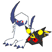 a drawing of a black and yellow pokemon with red eyes standing next to a white pokemon .