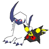 a drawing of a black and yellow pokemon with red eyes standing next to a white pokemon .