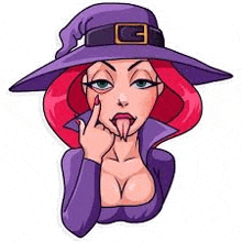 a cartoon witch with pink hair and a purple hat is sticking her tongue out .