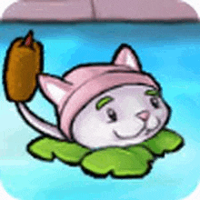 a cartoon of a cat wearing a pink hat and holding a leaf .