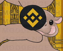 a cartoon drawing of an elephant holding a coin with a yellow and black symbol on it