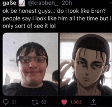 a picture of a man with glasses next to a picture of eren