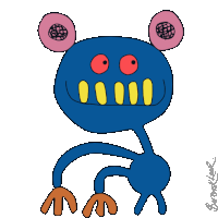 a drawing of a blue monster with pink ears and yellow teeth is signed by bartholomew