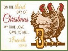 a sign that says `` on the third day of christmas my true love gave to me ... 3 french hens '' .