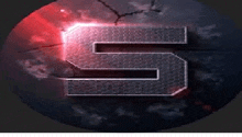 a large metal letter s is sitting on top of a red and blue sphere .