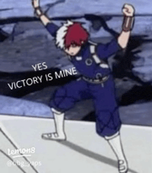 a cartoon character from my hero academia is dancing with his arms in the air and says yes victory is mine .