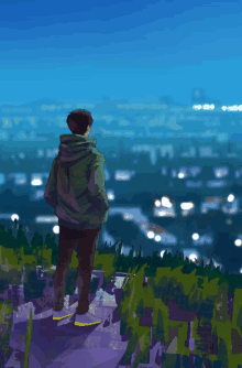 a painting of a man standing on a hill overlooking a city at night