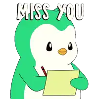 a green penguin is holding a card with a heart on it and the words miss you above it