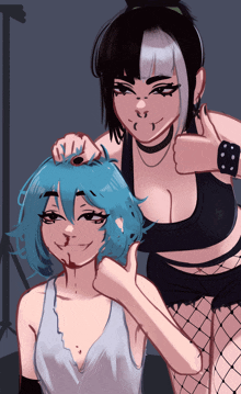 a drawing of a girl with blue hair and a girl with black hair giving a thumbs up