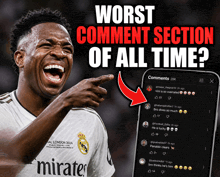 a soccer player is laughing in front of a phone with the words " worst comment section of all time " on it