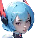 a girl with blue hair and red horns is wearing a robot suit and headphones .