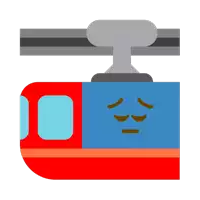 an illustration of a red and blue train with a sad face on it