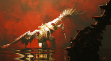 a painting of a monster with wings and a sword with the letters j.m. on it