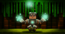 a minecraft character is holding a magic wand in his hands