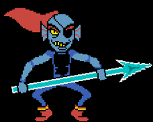 a pixel art of a monster holding a blue arrow