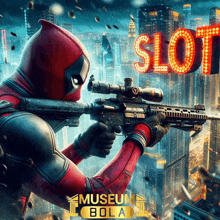 a poster for museum bola shows deadpool holding a rifle