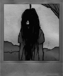 a black and white drawing of a woman with long hair hanging from a rope