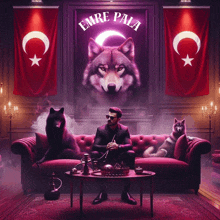 a man sits on a couch with two wolves in front of a painting that says emre pala