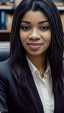 a woman wearing a suit and white shirt is smiling for the camera