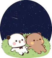 two teddy bears are laying in the grass looking at a starry night sky