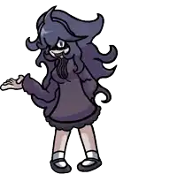 a cartoon drawing of a girl with purple hair and black shoes