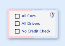 a checklist that says all cars all drivers no credit check