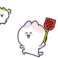 a cartoon drawing of a cat holding a fly swatter while another cat looks on