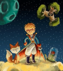 a little prince is standing on a planet with a fox and a rose in a glass dome .