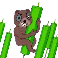 a cartoon bear is holding a green candle