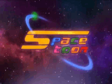 a colorful logo for space toon is displayed in a space background .